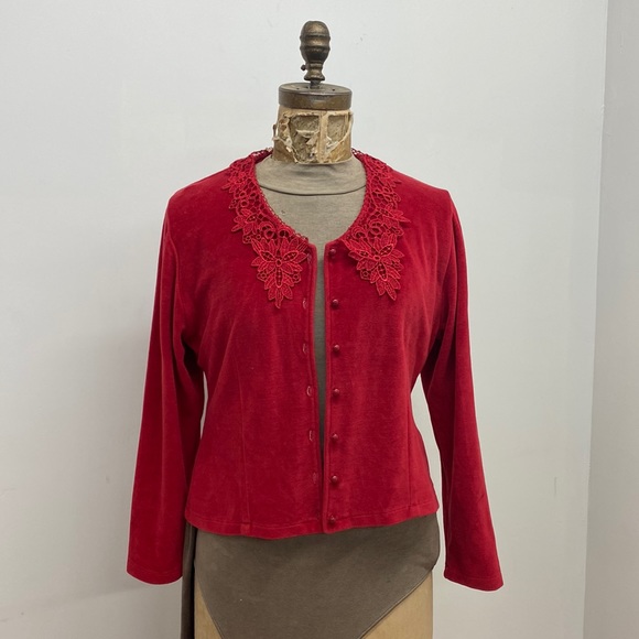 Handmade cardigan vest red velvet with lace - Picture 1 of 4